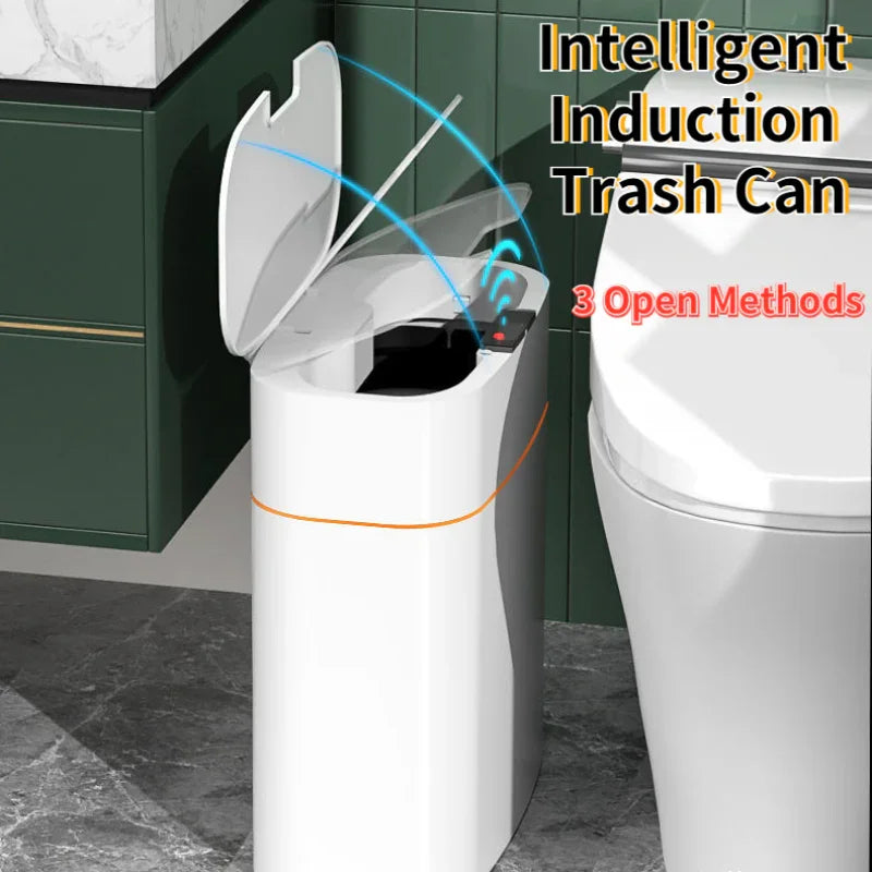 White smart induction trash can with automatic lid in modern bathroom setting