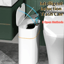 White smart induction trash can with automatic lid in modern bathroom setting