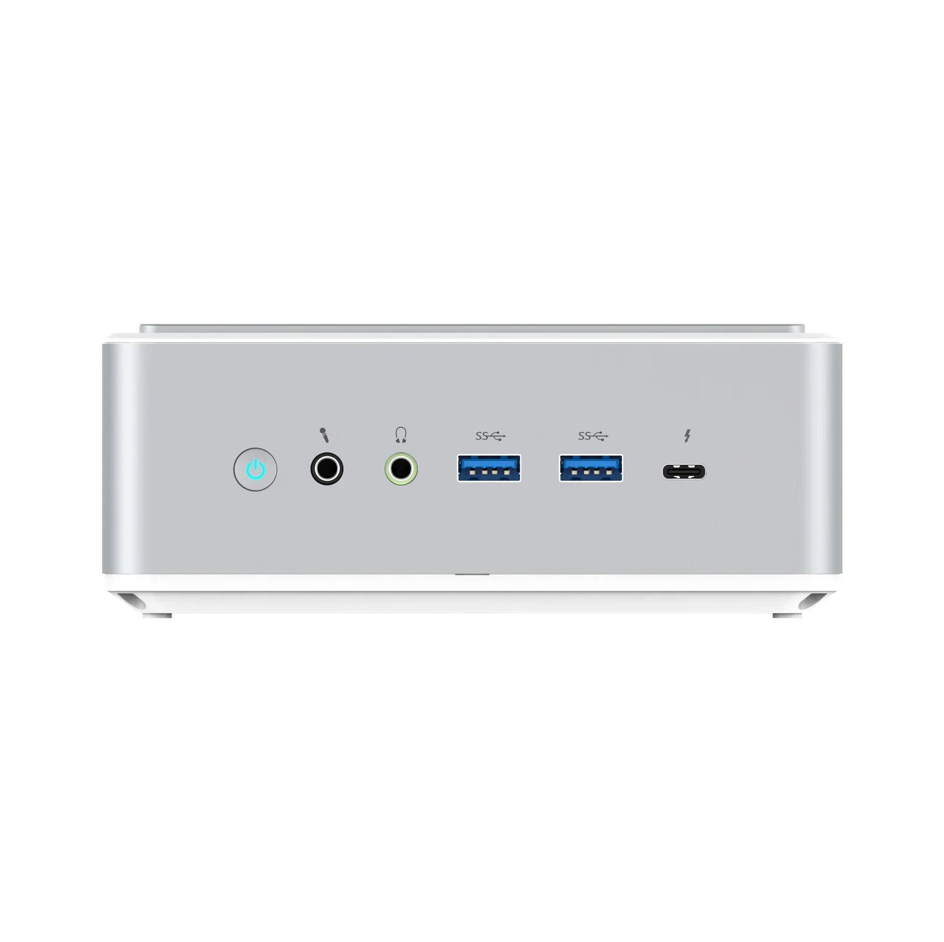 Compact silver desktop computer front panel with USB, headphone, and power ports