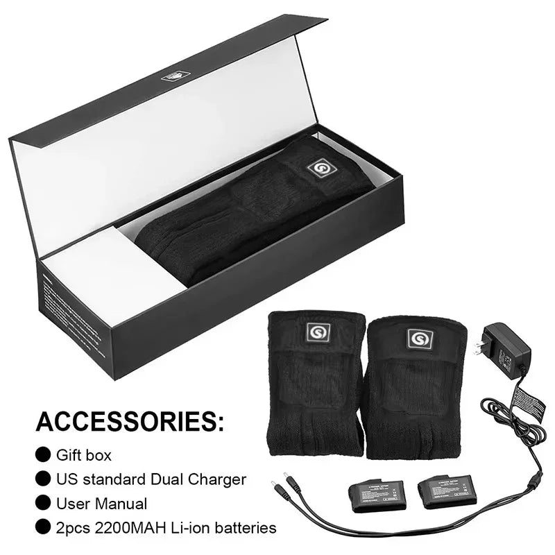 Black heated fingerless gloves with visible control panel, knit material, unisex fit, packaged with batteries, charger, and gift box.