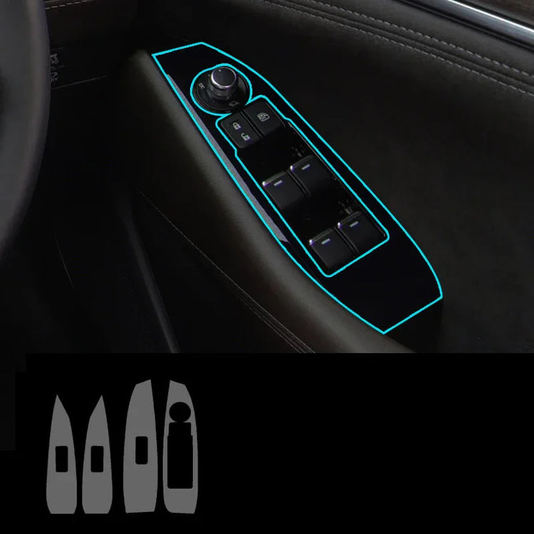 Black car door panel with illuminated blue outline, featuring power window control buttons and a side mirror adjustment knob.