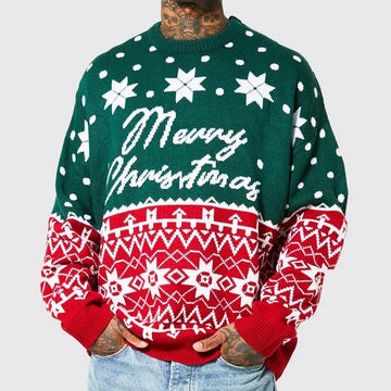 Green and red Christmas sweater with white festive patterns, relaxed fit, knit material