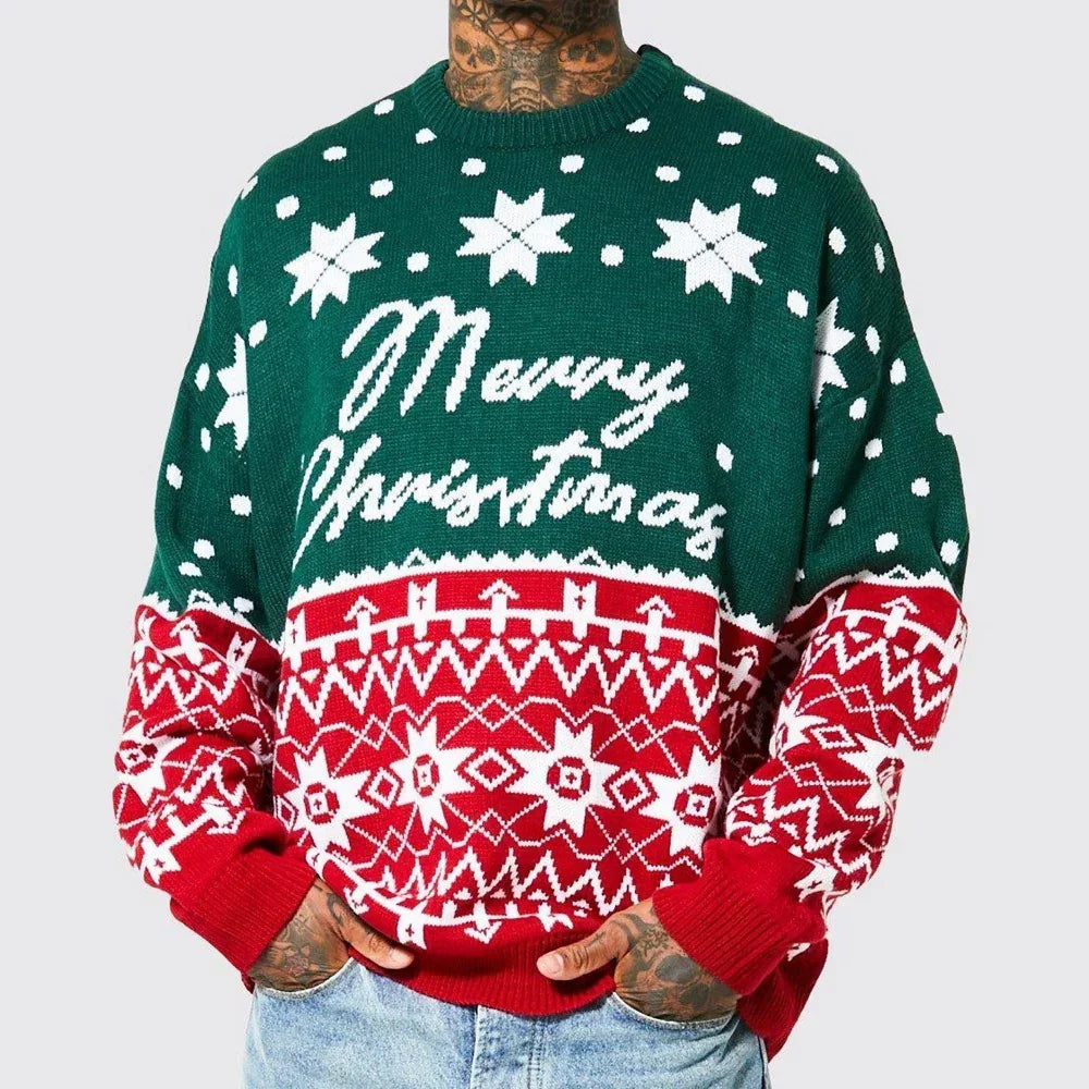 Men's oversized knit Christmas sweater, green and red with white snowflake pattern and 'Merry Christmas' text.