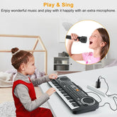 Girl in red dress and gray turtleneck playing electronic keyboard in modern room, singing with microphone.