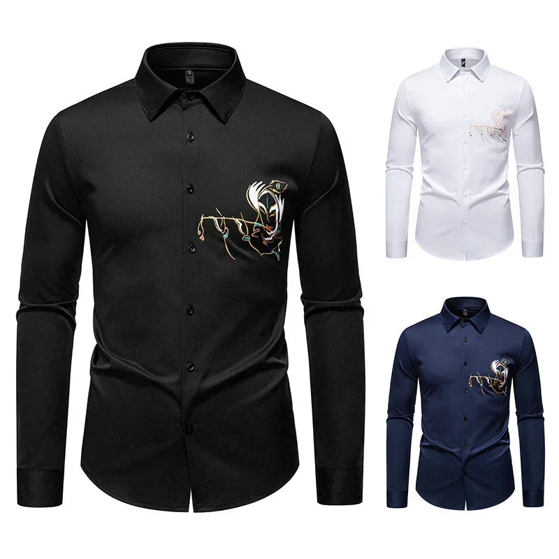 Men's slim fit button-up shirt in black, white, and navy with abstract chest embroidery