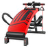 Red and black adjustable sit-up bench with padded backrest and resistance bands