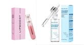 Pink lip care product and blue hyaluronic acid serum set with packaging, skincare essentials