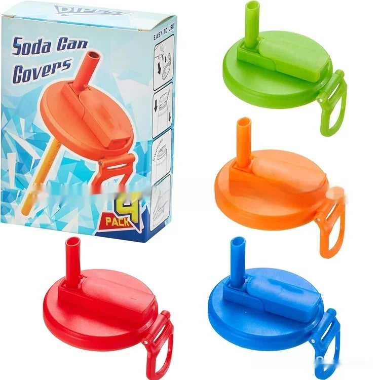 Colorful plastic soda can covers with built-in straws in green, orange, red, and blue.