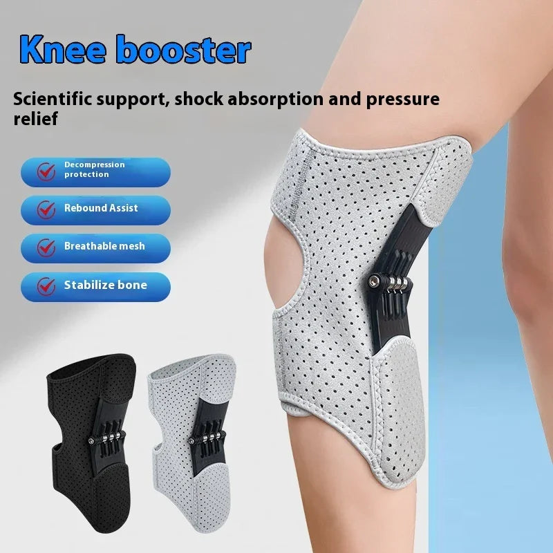 Breathable mesh knee booster brace in grey, adjustable fit, shock-absorbing support.