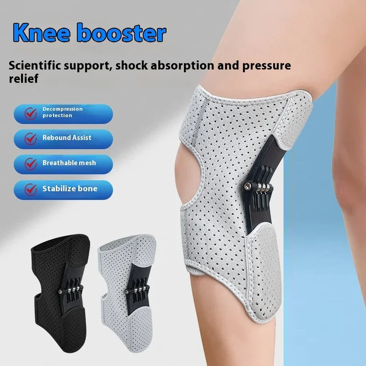 Breathable mesh knee booster brace in grey, adjustable fit, shock-absorbing support.
