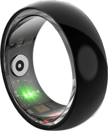 Glossy black smart ring with inner sensors, sleek unisex style, tech accessory
