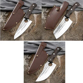 Set of curved stainless steel knives with dark wood handles and brown leather sheaths on wood surface.