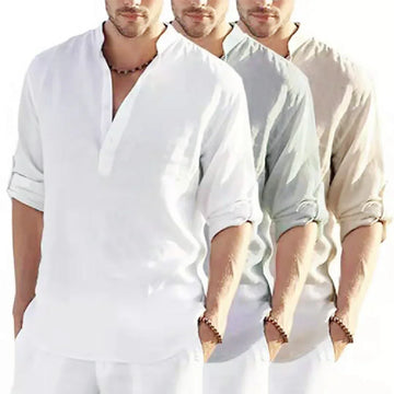 Men's long sleeve linen shirts in white, light blue, and beige with relaxed fit