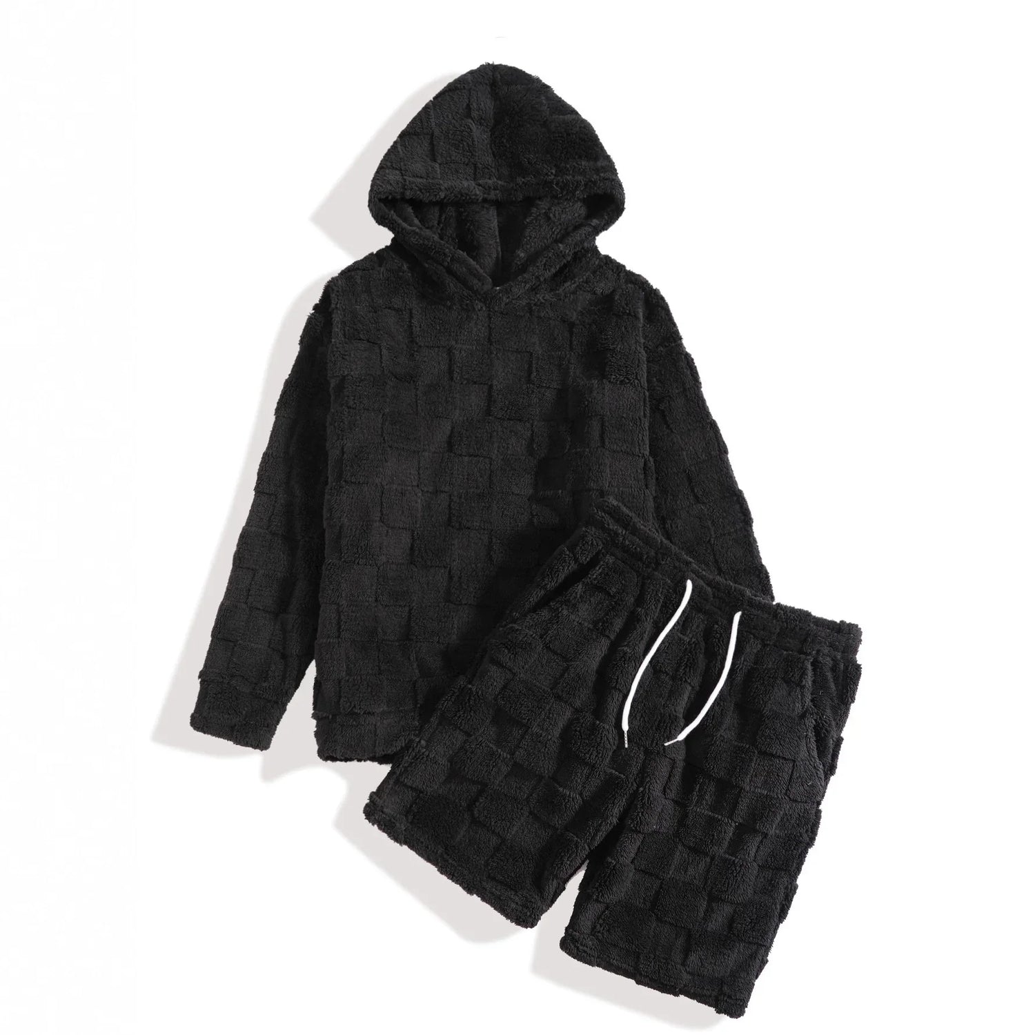Black textured hoodie and shorts set, plush material, relaxed fit streetwear style