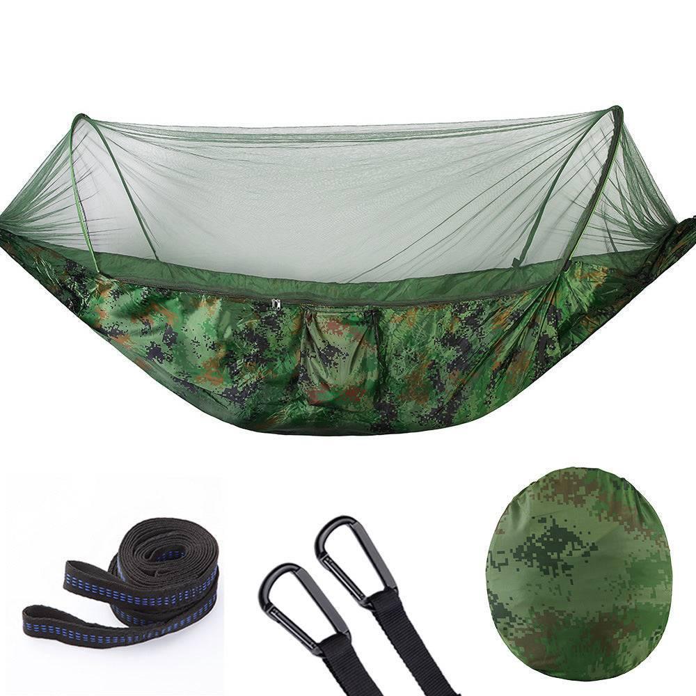 Camouflage green outdoor hammock with mosquito net, straps, carabiners, and carry pouch
