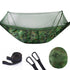 Camouflage green outdoor hammock with mosquito net, straps, carabiners, and carry pouch