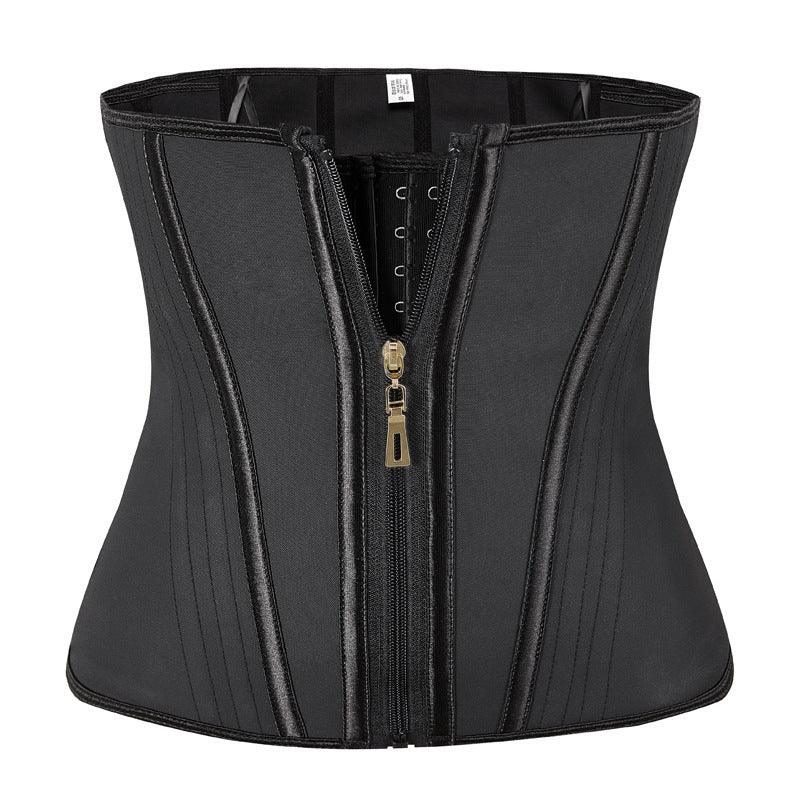 Black waist trainer corset with zipper front, structured panels, adjustable fit, sleek design