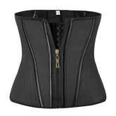 Black waist trainer corset with zipper front, structured panels, adjustable fit, sleek design