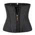 Black waist trainer corset with zipper front, structured panels, adjustable fit, sleek design