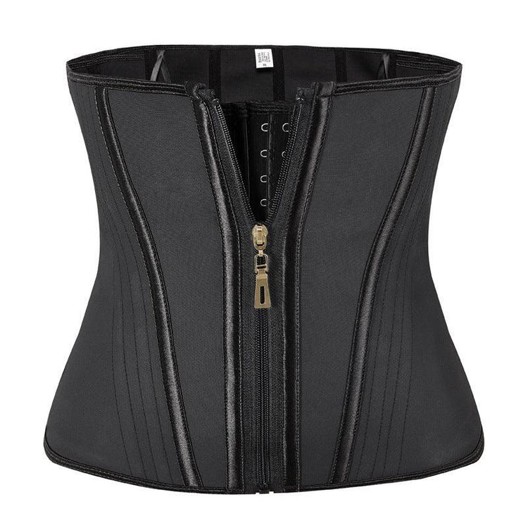 Black waist trainer corset with zipper front, structured panels, adjustable fit, sleek design