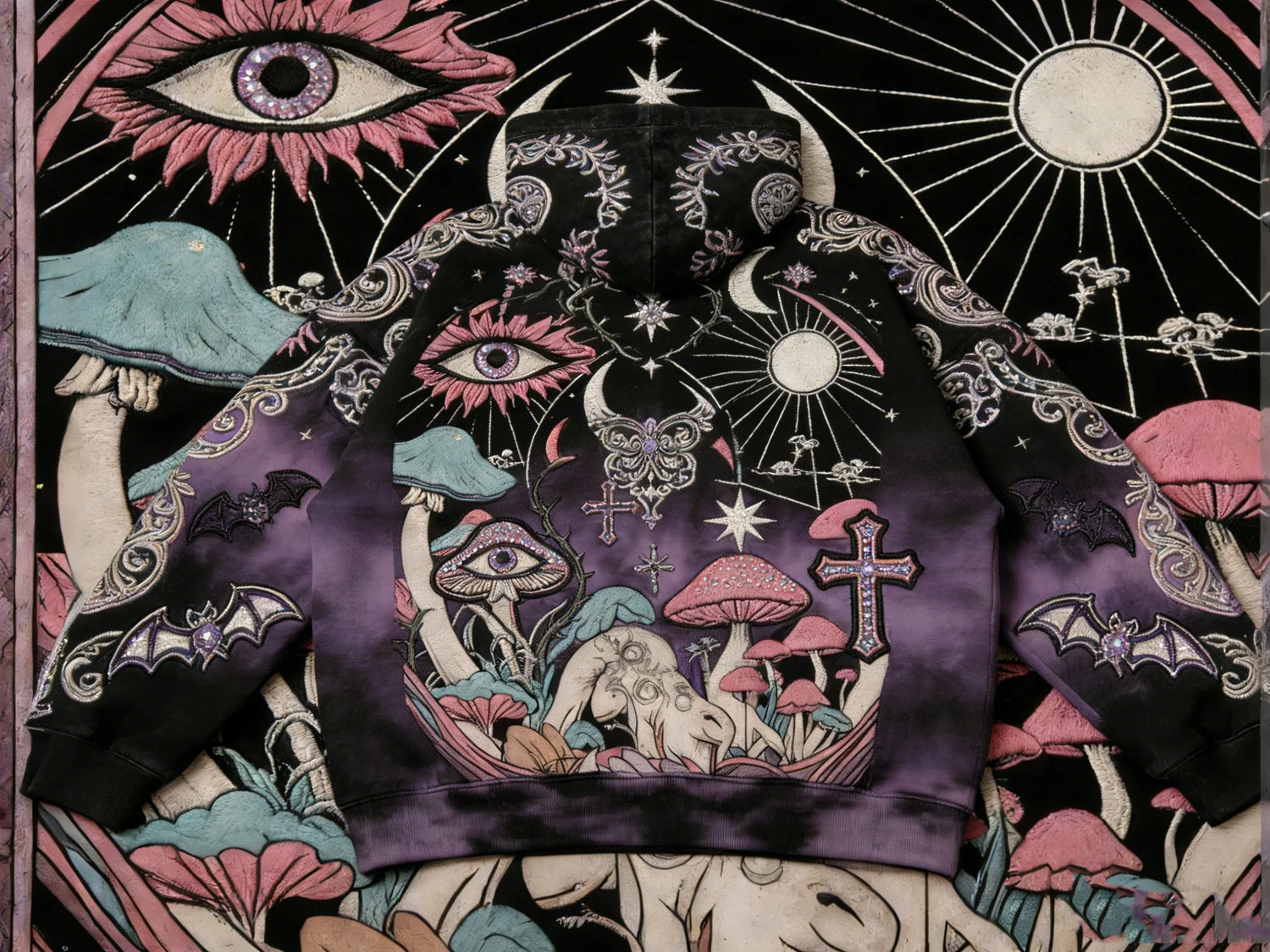 Purple and black streetwear hoodie with mystical embroidered mushrooms, eyes, bats, and celestial designs