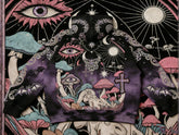 Purple and black streetwear hoodie with mystical embroidered mushrooms, eyes, bats, and celestial designs