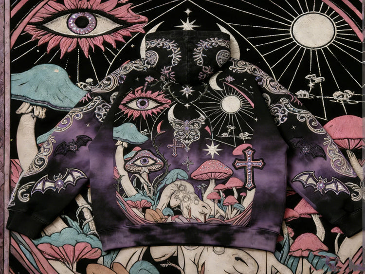 Purple and black streetwear hoodie with mystical embroidered mushrooms, eyes, bats, and celestial designs