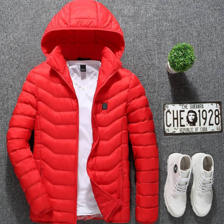 Red heated jacket coat with hood, lightweight and self-heating USB electric thermal winter wear for men