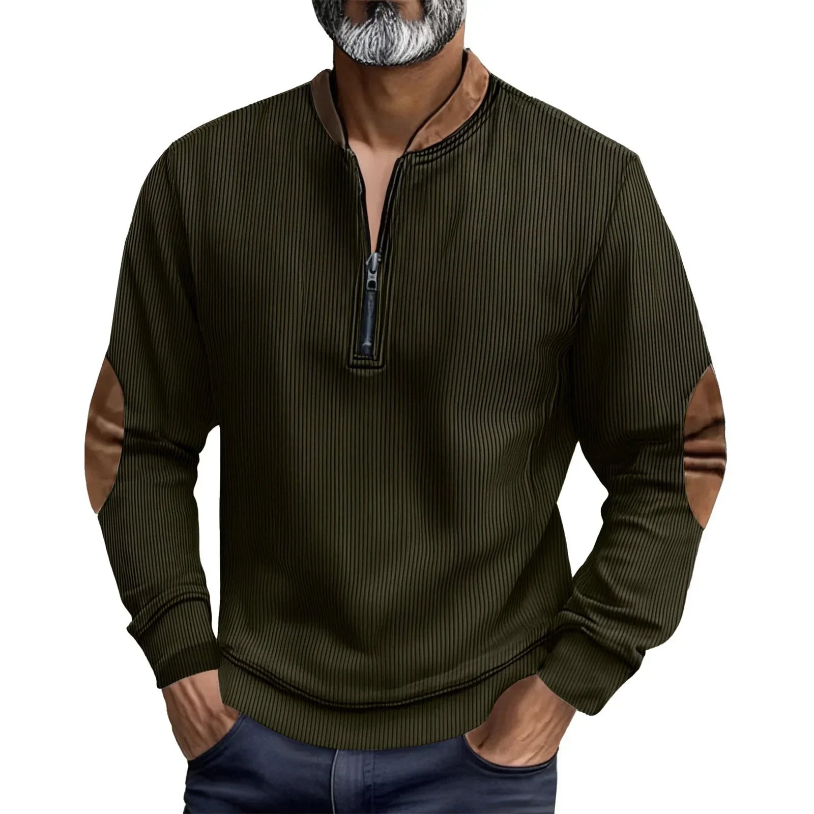 Men's olive green ribbed pullover with brown suede elbow patches and half-zip collar