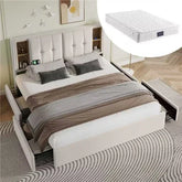 Modern upholstered platform bed in light beige with storage drawers, gray and taupe bedding, and a quilted mattress.