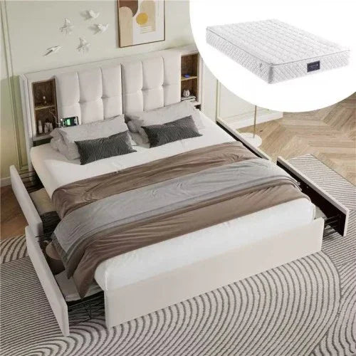 Modern upholstered platform bed in light beige with storage drawers, gray and taupe bedding, and a quilted mattress.