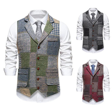 Men's patchwork wool blend vest in green, black, and burgundy, tailored slim fit, sleeveless.