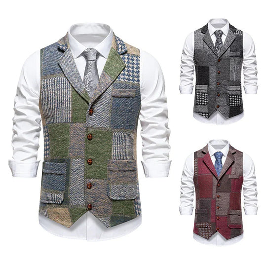 Men's patchwork wool blend vest in green, black, and burgundy, tailored slim fit, sleeveless.