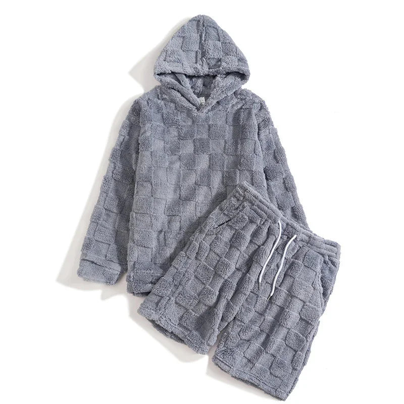 Gray textured fleece hoodie and shorts set, relaxed fit loungewear, cozy streetwear style