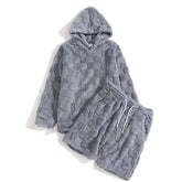 Gray textured fleece hoodie and shorts set, relaxed fit loungewear, cozy streetwear style