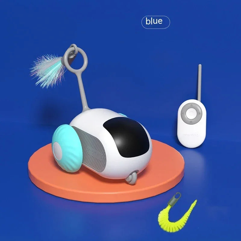 Blue and white interactive robot cat toy with remote control, feather, and worm attachments