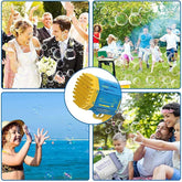 Outdoor scenes with adults and kids wearing casual summer clothing playing with bubbles, featuring a large blue and yellow bubble machine.