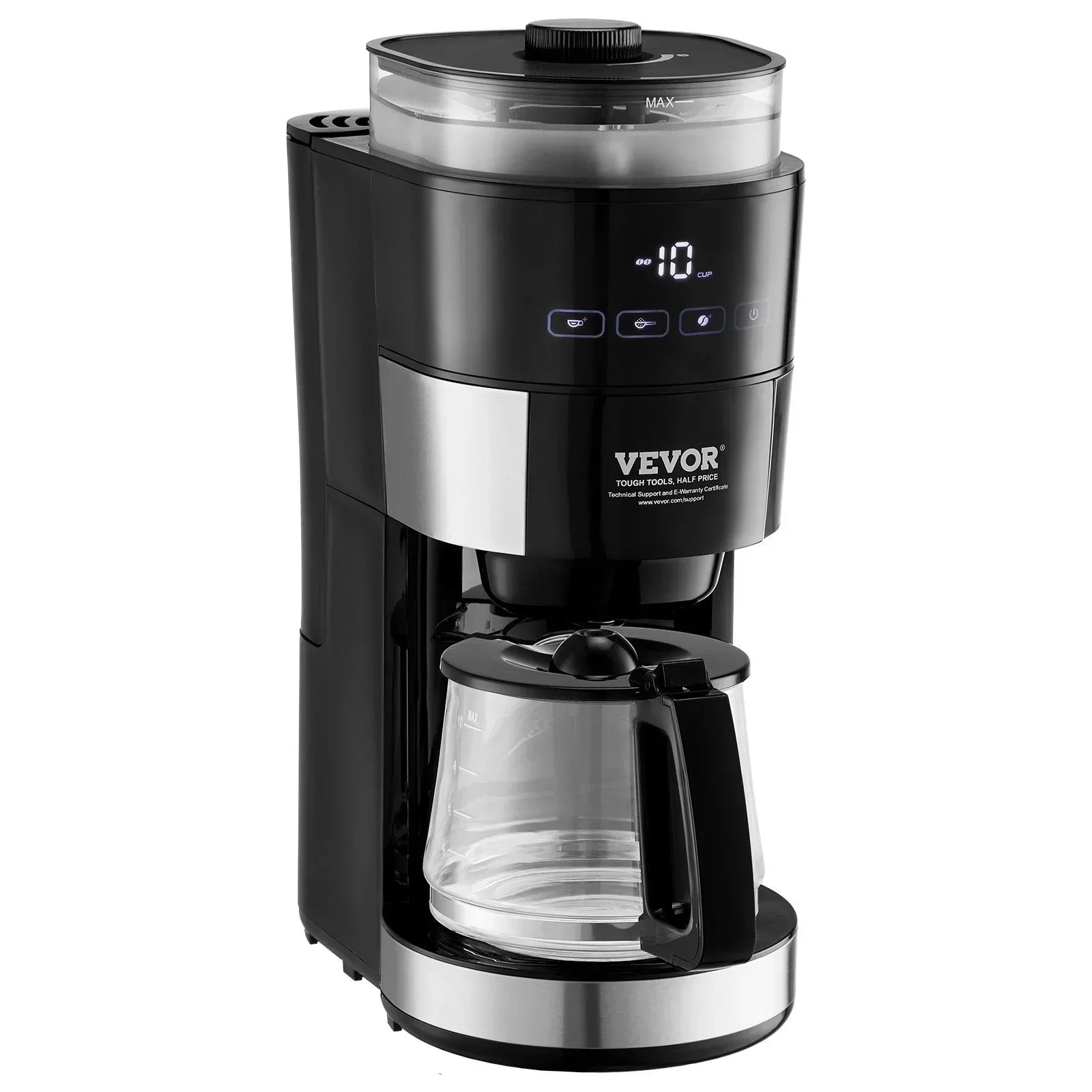 Black and silver automatic coffee maker with digital display and glass carafe