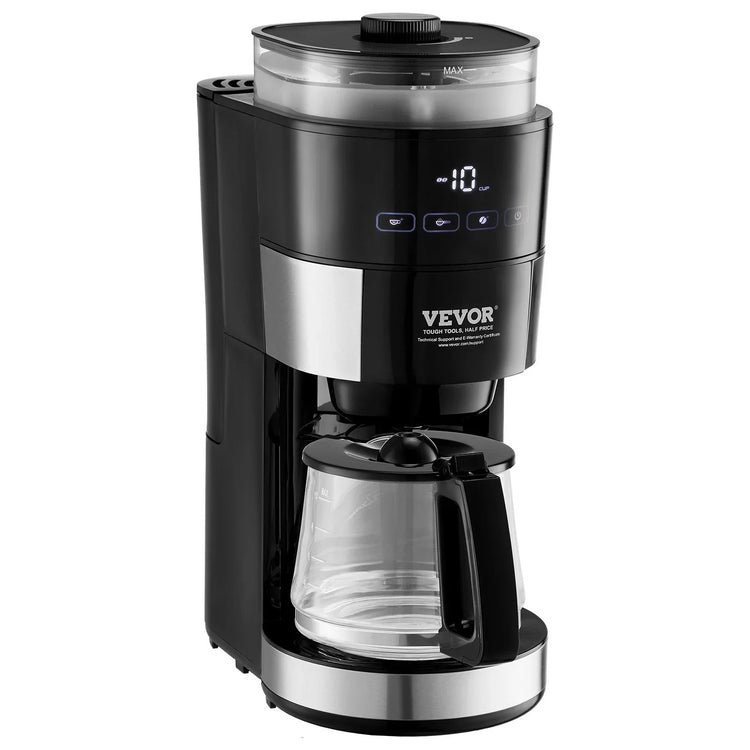 Black and silver automatic coffee maker with digital display and glass carafe
