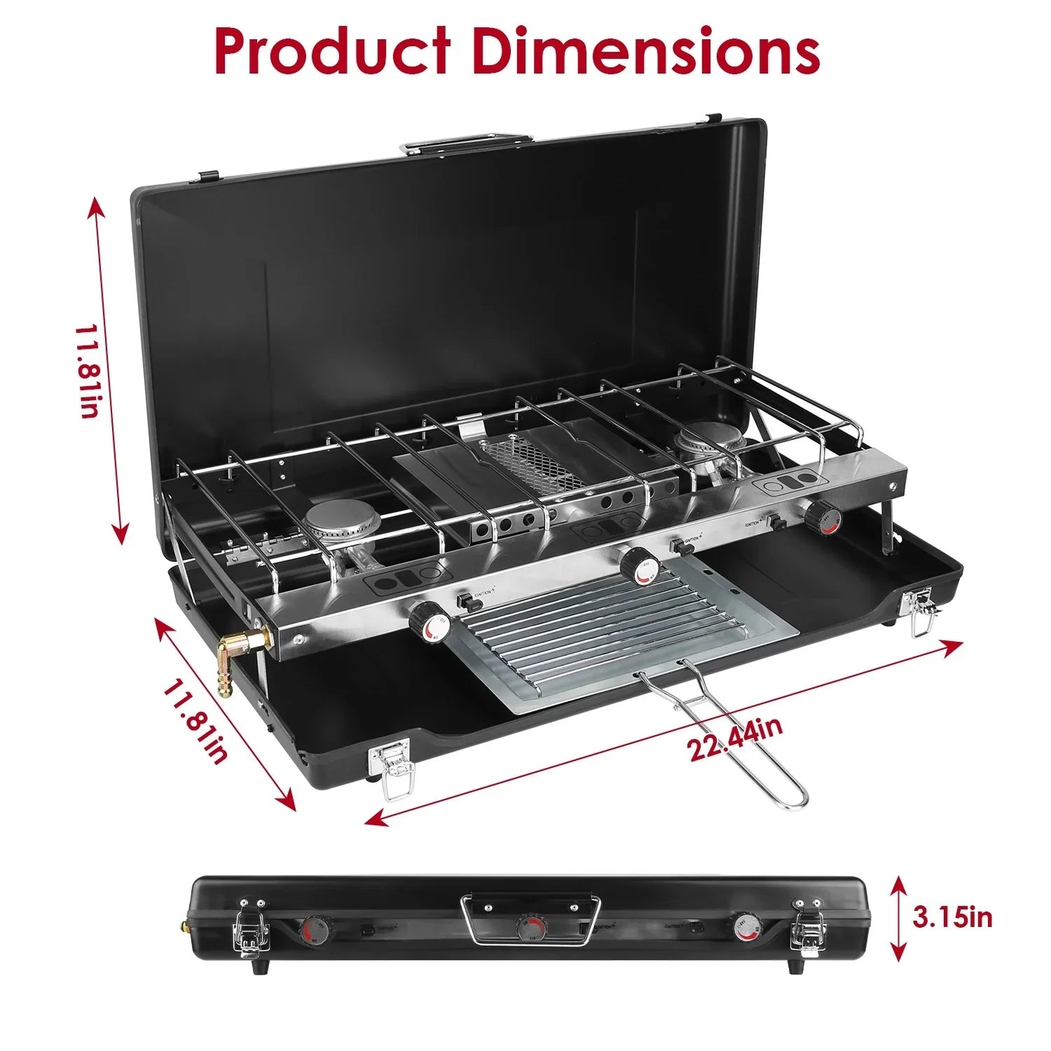 Portable stainless steel camping stove with grill, open lid, three burners, and product dimensions labeled.