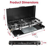 Portable stainless steel camping stove with grill, open lid, three burners, and product dimensions labeled.