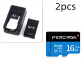 Set of two black GPS tracking devices with removable covers and a blue 16GB microSD card.