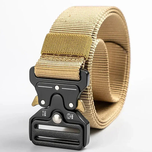 Beige tactical nylon belt with black metal quick-release buckle, durable streetwear accessory