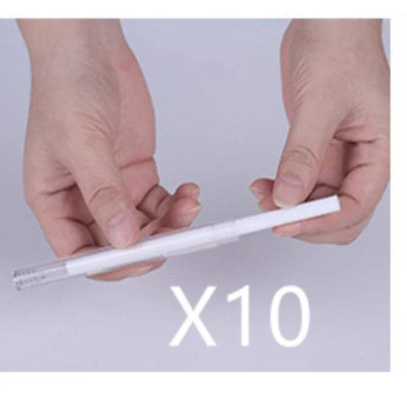 Hands holding a sleek white pen with clear cap, modern minimalist tech accessory, pack of 10
