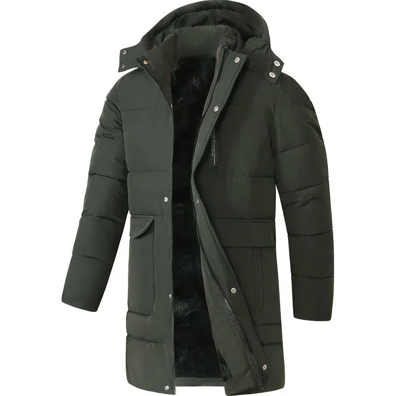 Men's long puffer coat in dark green, hooded, with quilted design and insulated interior.
