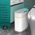Smart white rectangular trash can with automatic sensor, waterproof, 13L capacity, in modern bathroom