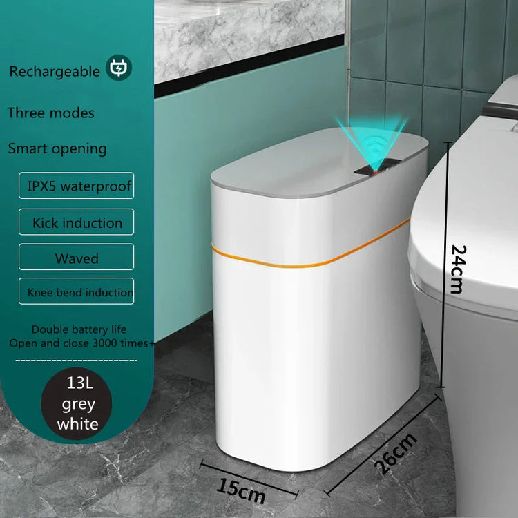 Smart white rectangular trash can with automatic sensor, waterproof, 13L capacity, in modern bathroom