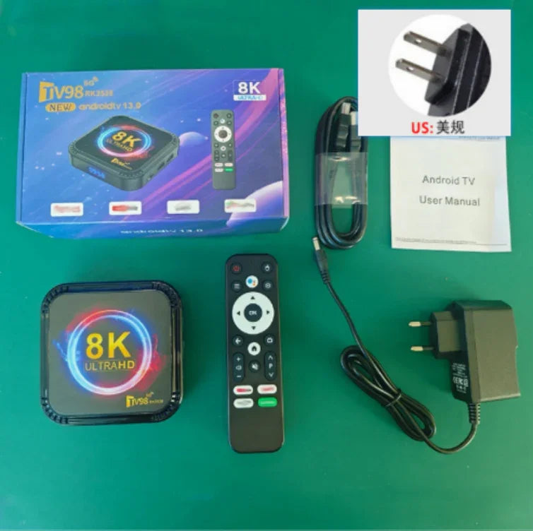 8K Ultra HD Android TV box set with black remote, power adapter, HDMI cable, and user manual