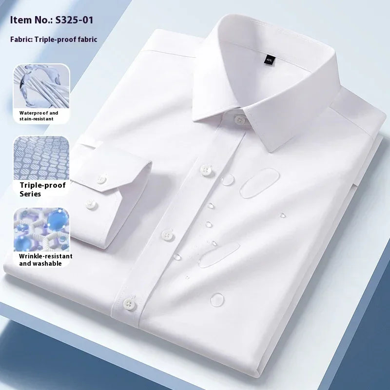 White long sleeve button-up shirt made from waterproof, wrinkle-resistant fabric, slim fit
