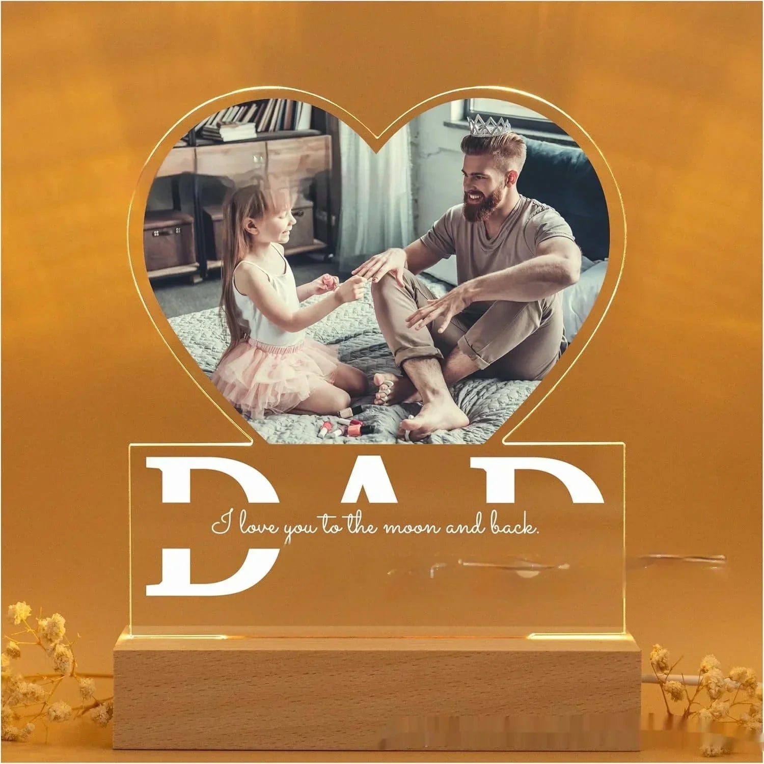 Custom acrylic photo plaque with heart shape, dad and daughter, beige tones, tabletop display